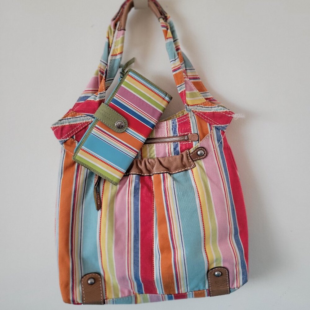 FOSSIL Canvas and leather hobo handbag INCLUDING matching wallet.